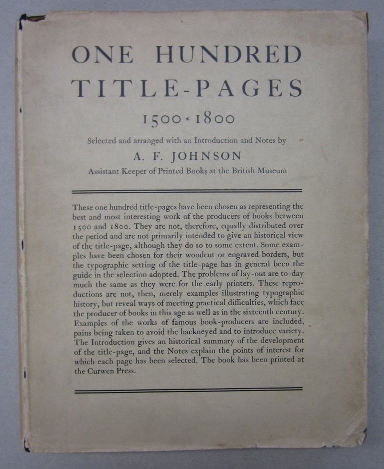 Item #64032 One Hundred Title Pages 1500-1800. A F. Johnson.