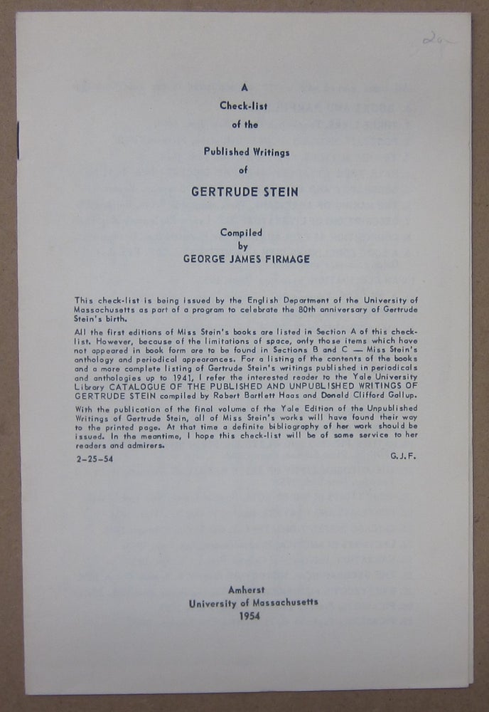 Item #70475 A Check-list of the Published Writings of Gertrude Stein. George James Firmage.