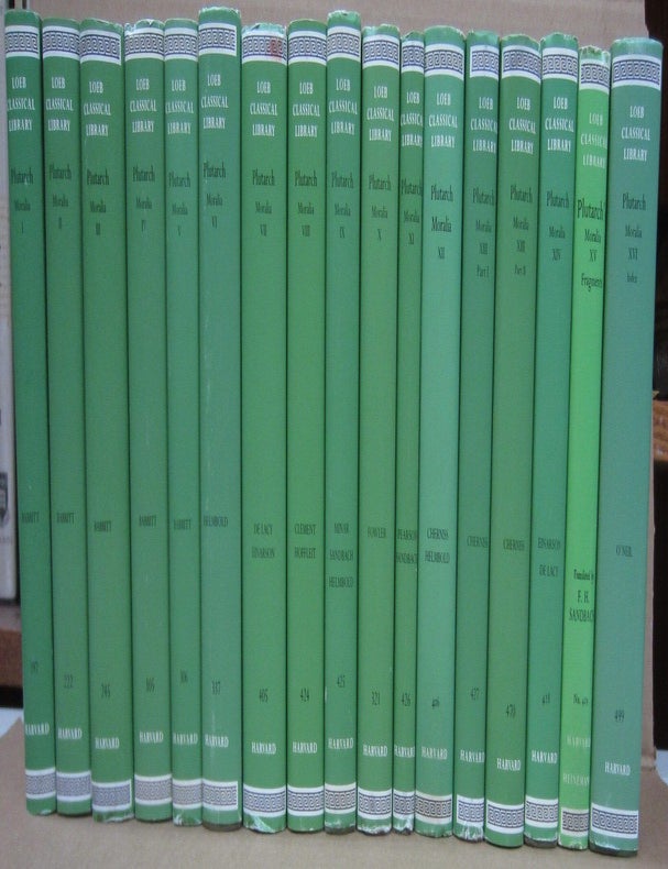 Item #92034 Plutarch Moralia Loeb Classical Library 16 volume set in 17 books. 2 volume 1, 4, 3, 13 part 1 volume 12, 9 volume 6, 12, 14 volume 7, volume 8, volume 9, 11 volume 9, 15, volume 10, volume 11, compiled volume 16.